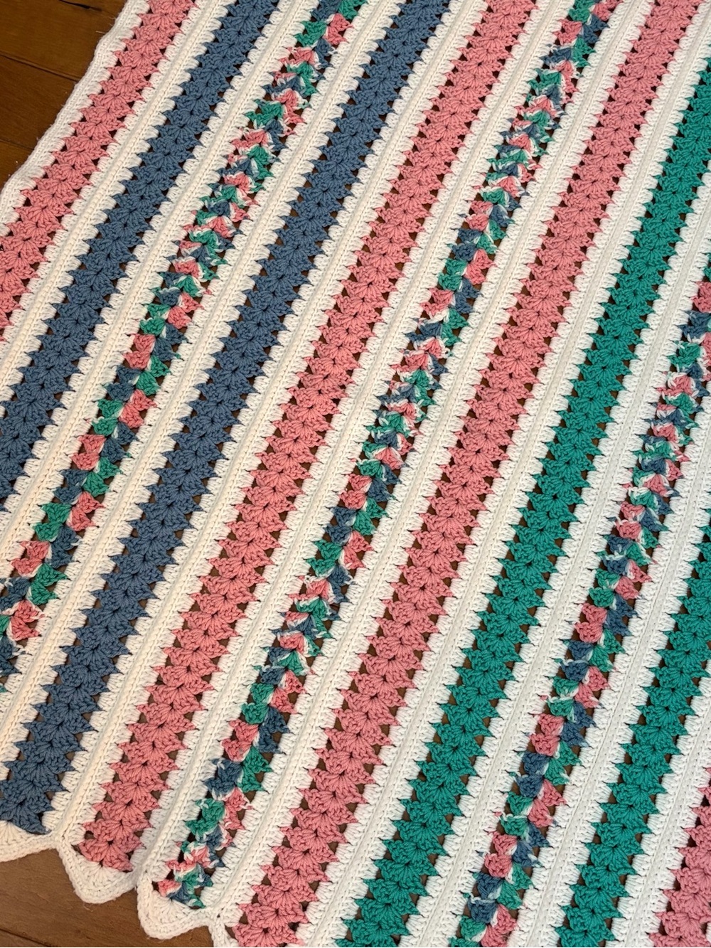 Handmade Crochet Afgan Throw in Pink, Teal, Blue & White